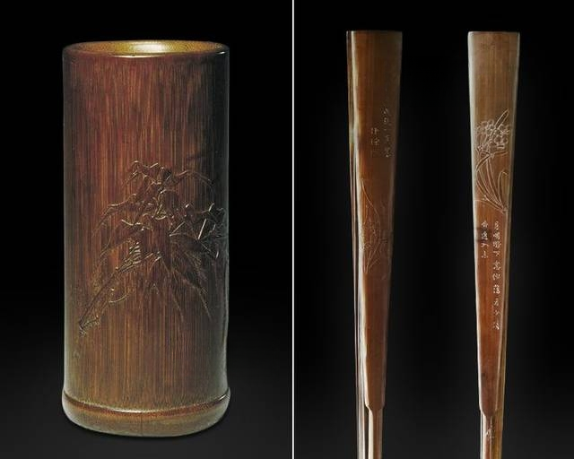 新作通販中国文物　雕竹工芸　花鳥図刻筆筒　一対 木工、竹工芸